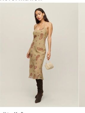 Lauren Ralph Lauren Beige Paisley Slip Midi Dress with Rust Accents